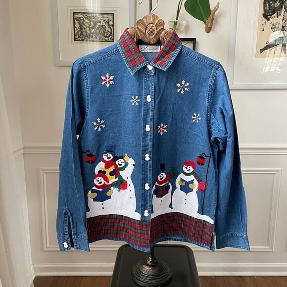 Vintage Dressbarn Chambray Denim Snowman Applique Embroidered Shirt M - Picture 1 of 8